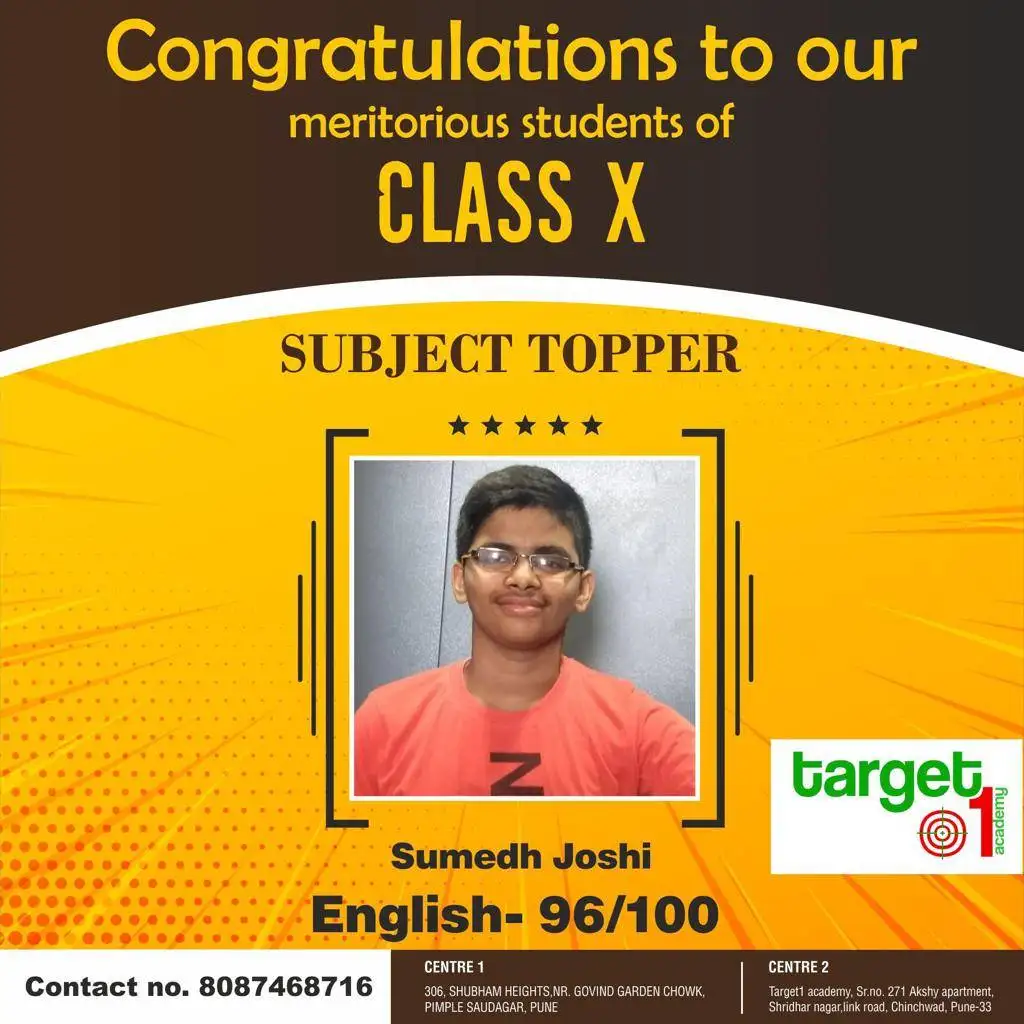 Class 10 student Sumedh Joshi awarded as English subject topper with 96/100 at Target 1 Academy.