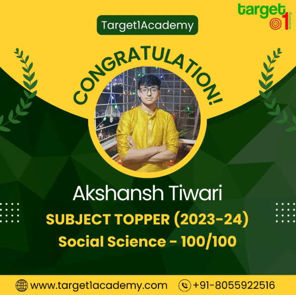 "Akshansh Tiwari, Subject Topper in Social Science with 100/100, congratulatory banner at Target 1 Academy, Pune."