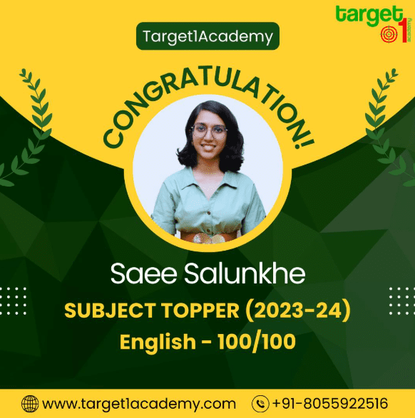 "Saee Sarang, Subject Topper in English, congratulated by Target 1 Academy, Pune."
