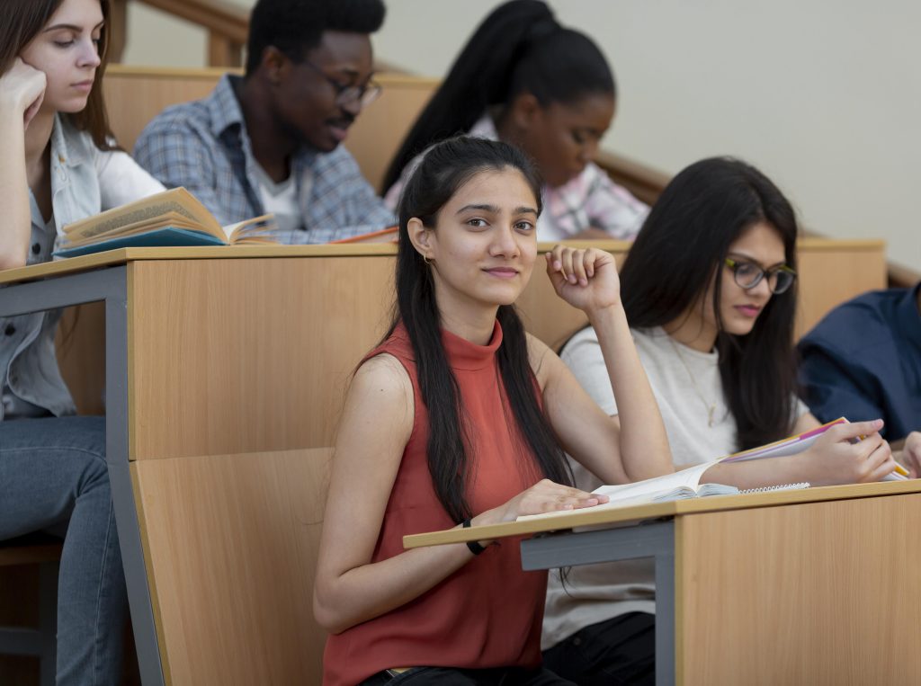 "A girl studying in the classroom at Target 1 Academy in Pune."