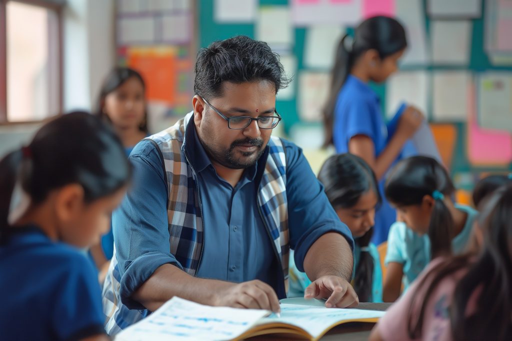 "A teacher teaching students in a classroom at Target 1 Academy, Pune."