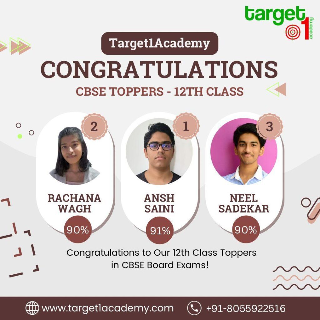"CBSE 12th class toppers congratulation banner at Target 1 Academy, Pune."