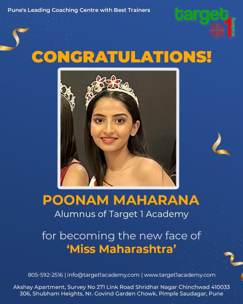 "Poonam Maharana congratulated as Miss Maharashtra at Target 1 Academy, Pune."