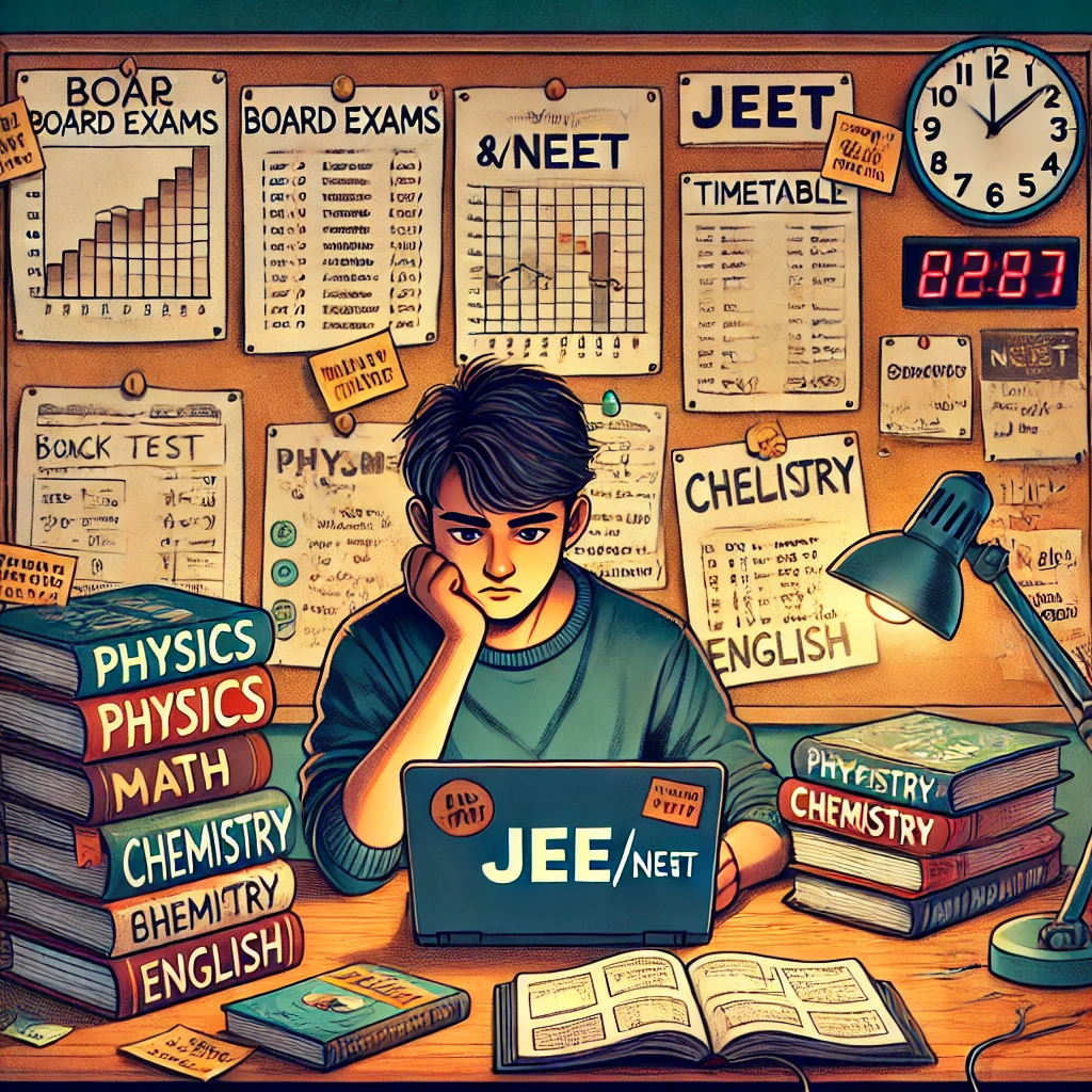 Anxious student with hands on head, struggling with studies.