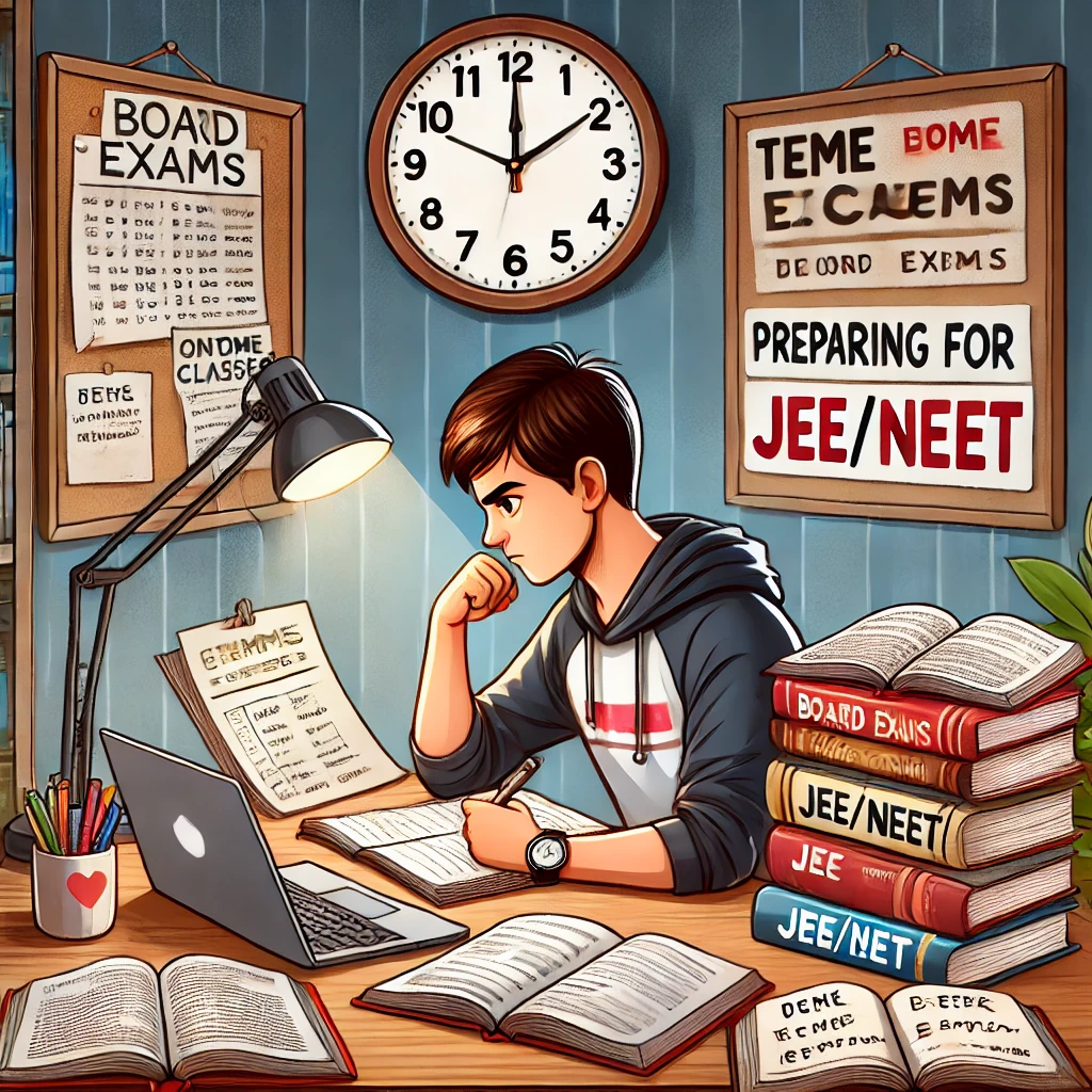 Frustrated student sitting at a desk with books, looking overwhelmed