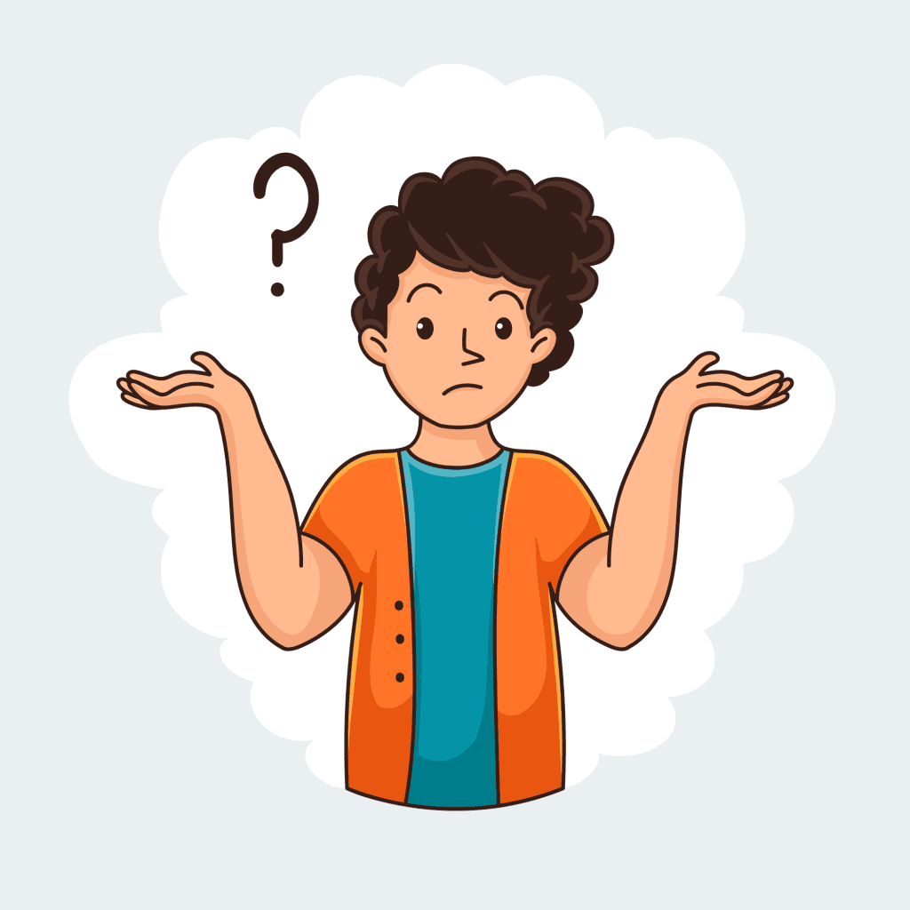 "Confused cartoon boy with question mark and shrugging arms."