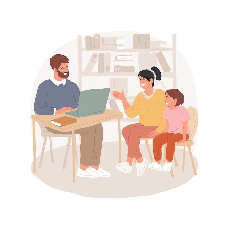 Teacher meeting with parent and child in school library during parent-teacher conference