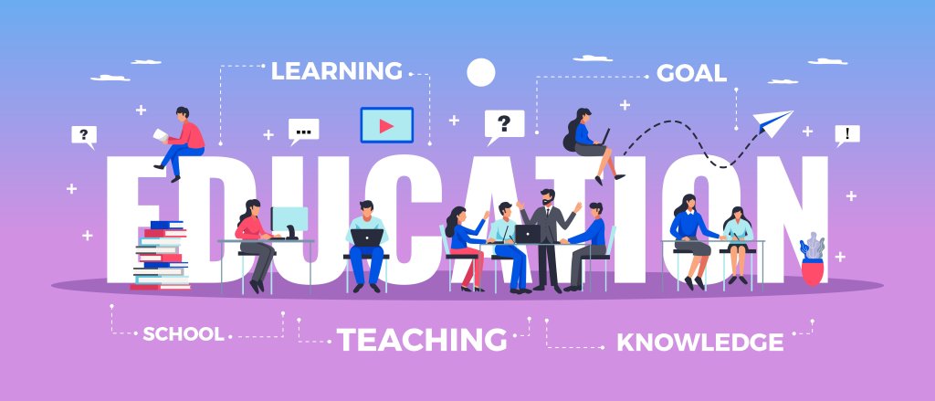 Illustration of education concept with students learning, teaching, and gaining knowledge towards goals