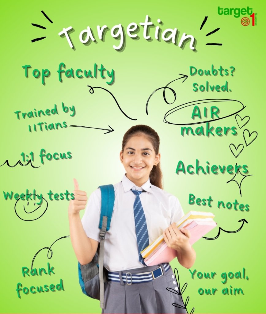 Happy female student giving a thumbs up, surrounded by Target 1 Academy benefits like Top Faculty, Trained by IITians, 1:1 focus, AIR makers, and Rank focused coaching.