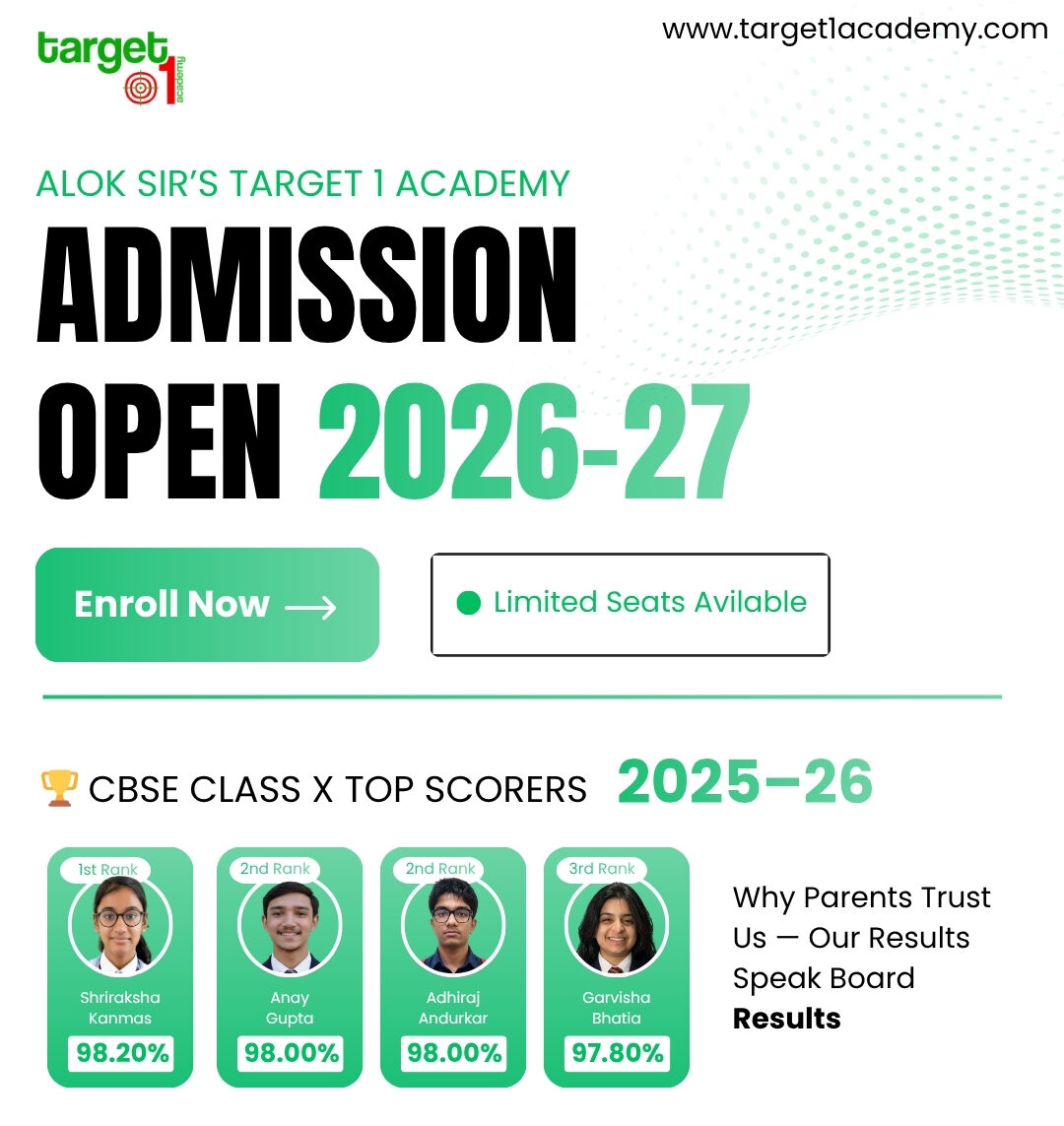 "Target 1 Academy admissions open for 2026-27 with CBSE Class X top scorers 2025-26 in Pune"