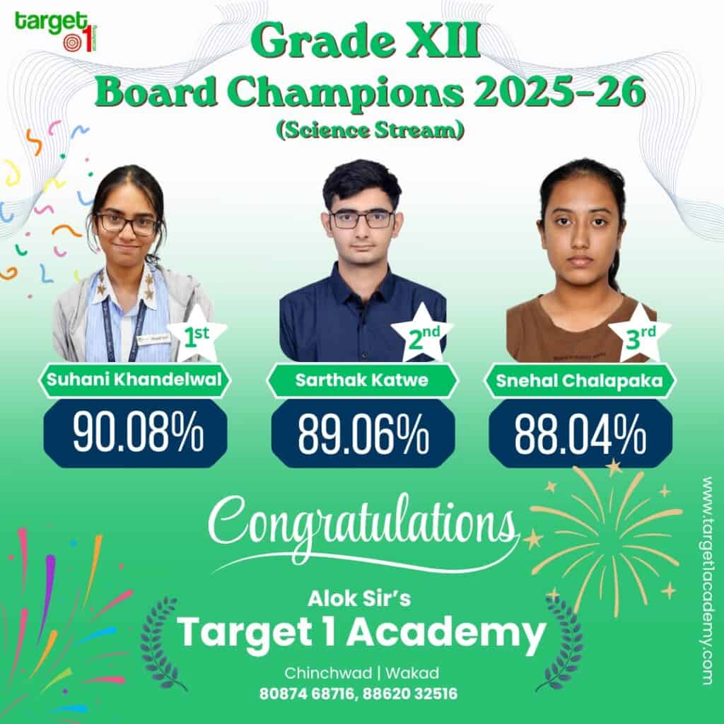 "Grade XII Science toppers 2025-26 at Target 1 Academy: Suhani Khandelwal, Sarthak Katwe, Snehal Chalapaka"