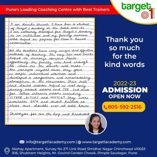 "Student feedback banner showcasing positive experiences at Target 1 Academy, Pune."