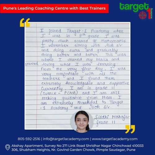 "Siddhi Mahajan's feedback in the newspaper about Target 1 Academy in Pune."